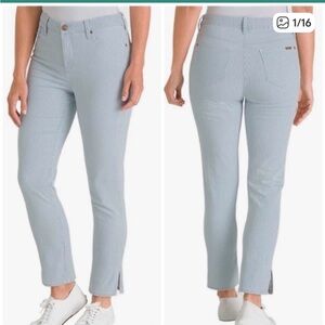 Chico's so slimming Girlfriend Ankle Jeans blue white pinstripes 10 or 10R.